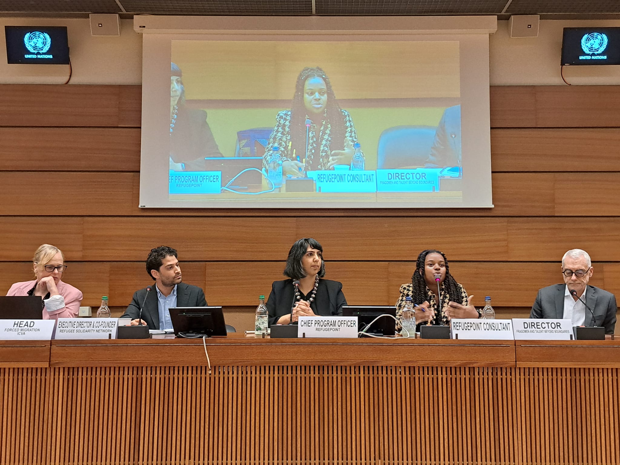 Bahati Ernestine, RefugePoint’s Labor Mobility Consultant (center-right) and former refugee, speaking at the Executive Committee of the High Commissioner’s Programme in Geneva.